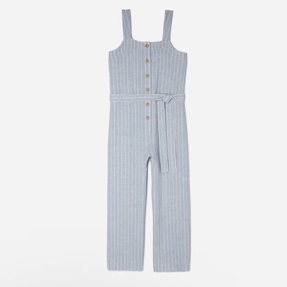 Everlane Linen Square Neck Blue Pinstripe Button Down Tie Front Jumpsuit 2 NWOT - Picture 3 of 14